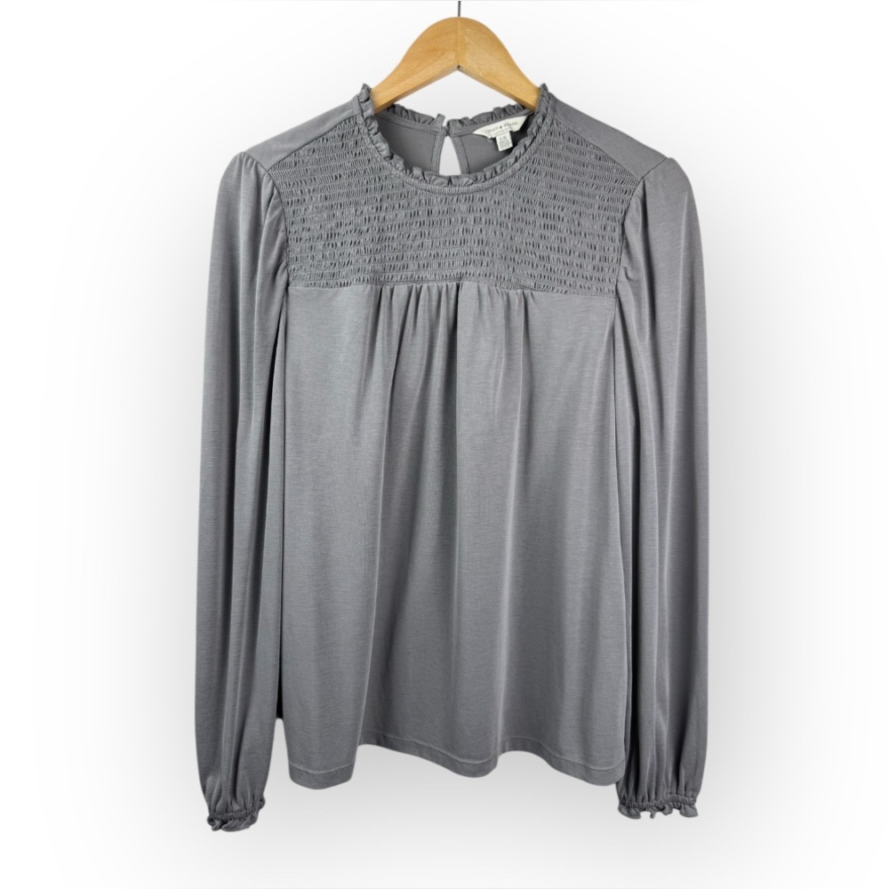 Lucky Brand Womens Smocked Neck Peasant Blouse Long Sleeve Modal Soft Gray Top L
